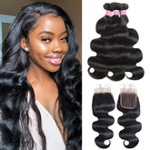 Meetu Hair Peruvian Body Wave 3 Bundles with 4x4 Lace Closure Virgin Human Hair Weave